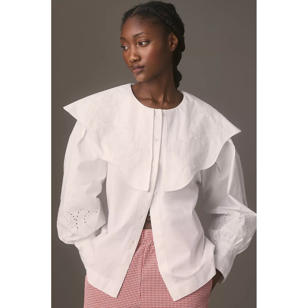 Damson Madder Romeo Blouse White Organic Cotton Embroidered Sailor Collar Top M